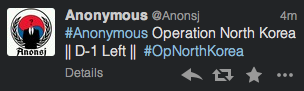 A Twitter message posted by an Anonymous member referring to a planned attack on North Korean websites.