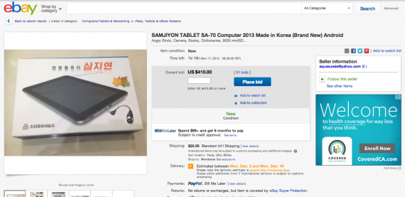 A Samjiyon tablet is advertised on Ebay on November 9, 2013.