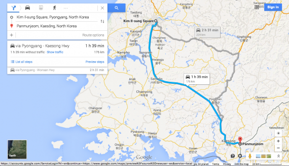 The route from Pyongyang to Panmunjon mapped by Google (NorthKoreaTech)