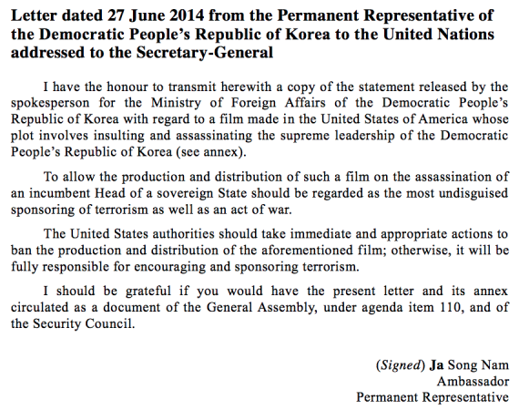 Letter from Ja Song Nam to Ban Ki Moon.