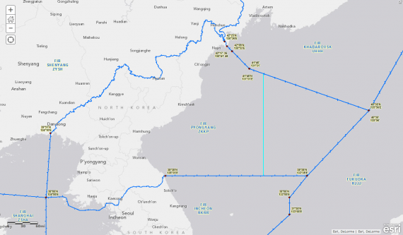 The Pyongyang FIR with an additional line added around 132 degrees East