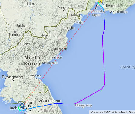 An Aeroflot flight from Vladivostok to Incheon avoids flying west of the 132 degrees East line