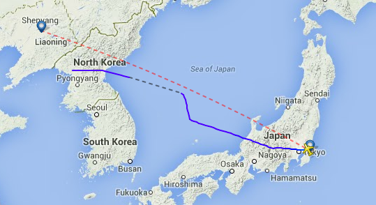 CZ628 from Shenyang to Tokyo's Narita, shown flying over the heart of North Korea.