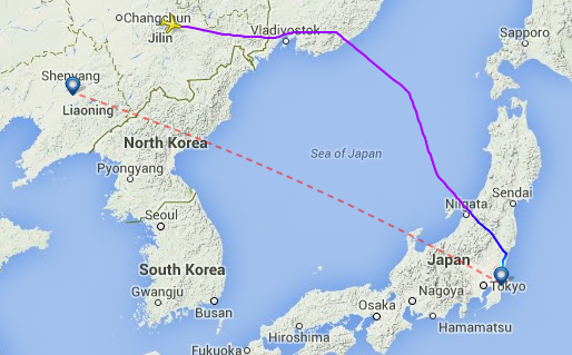 All Nippon Airways NH 926 avoids North Korean airspace when it flies from Shenyang to Tokyo.