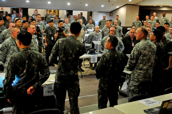 Admiral Choi Yoon Hee, Chairman of Joint Chiefs of Staff for the Republic of Korea, addresses personnel of the I Corps joint operation center in preparation for Ulchi Freedom Guardian exercise at Camp Yongin, South Korea, Aug. 20. (DOD Photo / Daniel Schroeder)