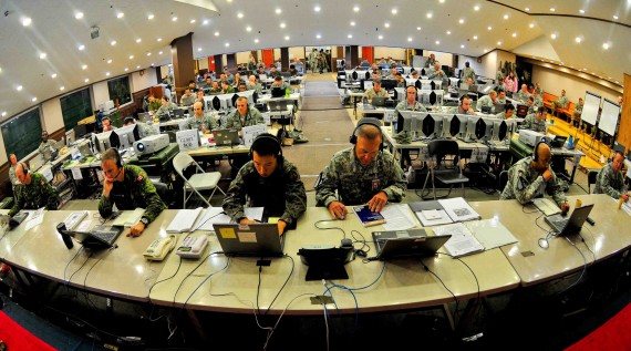 Lt. Gen. Stephen Lanza, I Corps Commanding General, is briefed by his staff in the I Corps joint operations center in Camp Yongin, South Korea, during a combined arms rehearsal meeting Aug. 21. (DOD Photo / Daniel Schroeder)
