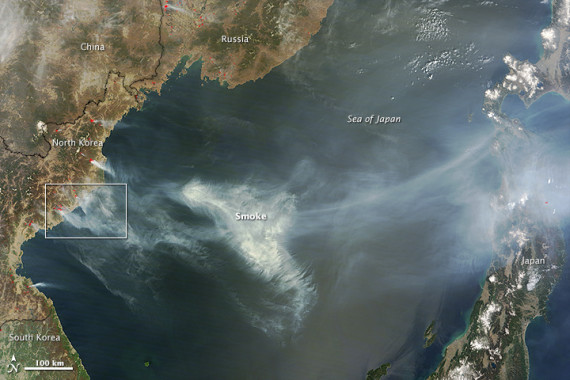 Fires burning in North Korea, captured by the Moderate Resolution Imaging Spectroradiometer (MODIS) on NASA's Terra satellite on April 27, 2015.