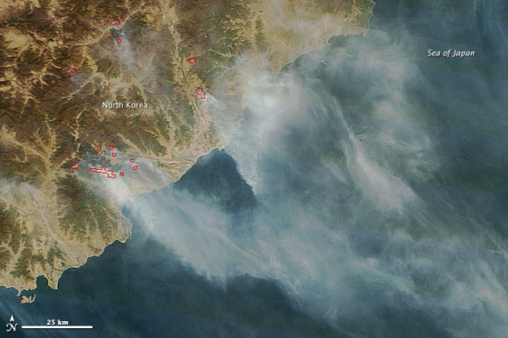 Fires burning in North Korea, captured by the Moderate Resolution Imaging Spectroradiometer (MODIS) on NASA's Terra satellite on April 27, 2015.