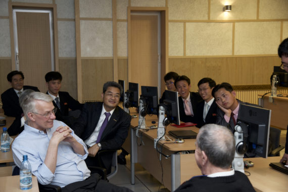 Dr Sir Richard Roberts speaks to North Korean students and faculty at PUST on May 5, 2016. (Photo: Ian Wells / PUST)