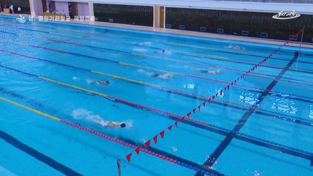 The image shows a screenshot of a televised swimming competition